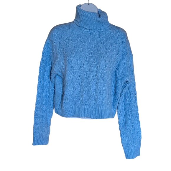 Soft Warm Blue Cable Knit Turtleneck Sweater cropped cottagecore chic - Picture 3 of 5